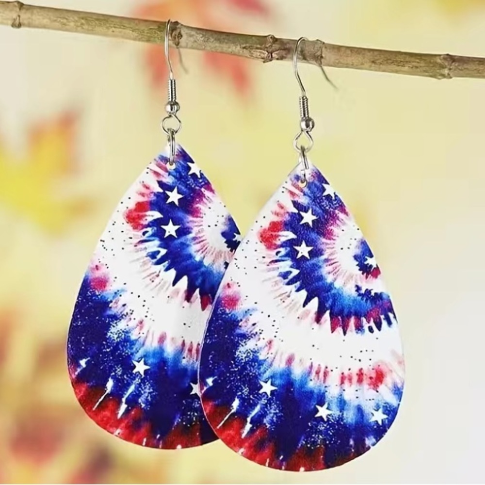 Red White Blue Fireworks Pattern Raindrop Earrings